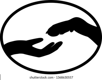 Vector illustration, human hand with palm up and dog paw. Stretching to each other, in an oval edging, in black and white. An image of a personalizing man and animal friendship.