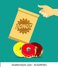 vector illustration of a human hand reaching for a bag of donuts