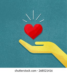 Vector illustration of human hand with red heart in it. Hand holding heart with rays of light. Grunge canvas background. Vintage illustration. Mothers day or Valentine's day background