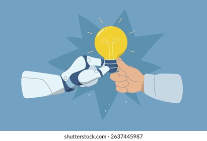 Vector illustration of human hand and robotic hand holding the light bulb. Symbol of artificial intelligence collaboration, innovation, Modern flat design for technology presentations, websites.