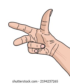 Vector illustration of human hand showing three fingers isolated on a white background. Three fingers up gesture. Palm of hand, and three fingers raised up. Counting up to three.
