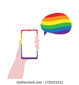 Vector illustration of human hand with smartphone and speech bubble in lgbt rainbow colors. IGBT, freedom love, gay pride concept. Freedom of speaking