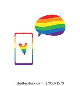 Vector illustration of human hand with smartphone and hearton the screen and speech bubble in lgbt rainbow colors. IGBT, freedom love, gay pride concept. Freedom of speaking