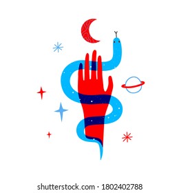 Vector illustration with human hand, snake, moon and stars. Trendy abstract print design, home decoration poster