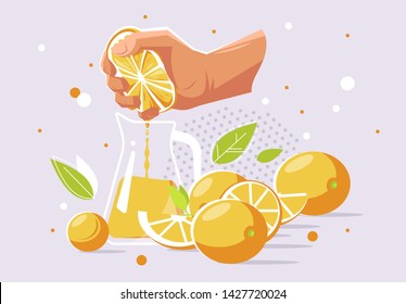 vector illustration of a human hand that squeezes the juice from an orange into a glass carafe, oranges