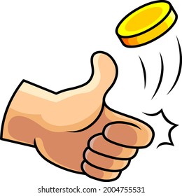 Vector illustration of a human hand tossing a coin in the air done in cartoon style. svg