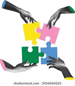 Vector illustration. Human hands connecting multicolored puzzles on light background. Coordinated work. Concept of team work, business, community and professional occupation.