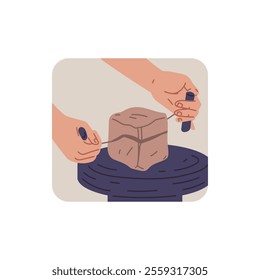 Vector illustration of human hands cutting a piece of clay standing on a pottery wheel. The process of making ceramic dishes. Square frame. Pottery workshop. Close-up. Flat illustration.