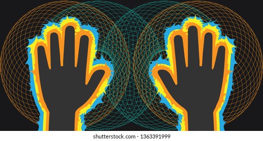 vector illustration of human hands with electromagnetic radiation spectrum for bioelectricity concept  