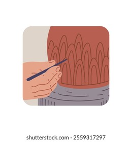 Vector illustration of human hands forming a pattern on clay pottery. Close-up in a square frame. Pottery making process. Flat cartoon style. Handmade.