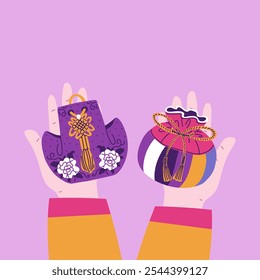 Vector illustration of human hands giving Korean lucky bags. Bright traditional Asian amulets as good luck bags or bokjumoni talismans. Gifts for the Lunar Festival. Flat style. Isolated background.