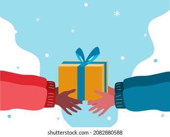 Vector illustration of human hands handing over a gift box. The season of giving concept for Christmas holiday design.