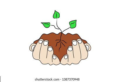 Vector illustration. Human hands hold the soil with a green sprout. Plant care