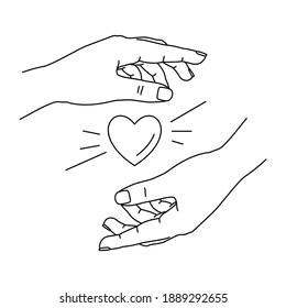 Ilustración vectorial de las manos humanas sosteniendo el corazón. Línea dibujada a mano. Tarjeta de felicitación del día de Holiday San Valentín. Diseño del logotipo de voluntarios o de organizaciones de salud. Guarda la fecha. Corazón cálido en brazos