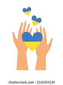 Vector illustration of human hands holding Blue and Yellow heart shaped flags of Ukraine isolated on white background. 