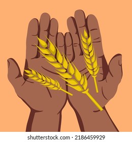 Vector illustration of human hands holding ears of wheat.