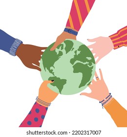 Vector illustration of human hands holding Earth globe, Concept of World Environment Day, Save the Earth, sustainability, ecological zero waste lifestyle, nature protection