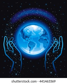 Vector illustration with human hands holding blue Earth planet icon. Space with stars black sky background