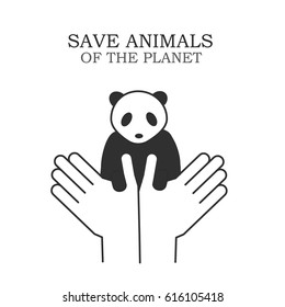 Vector illustration of human hands holding a panda bear. Line style icon. Black and white. Saving animals.