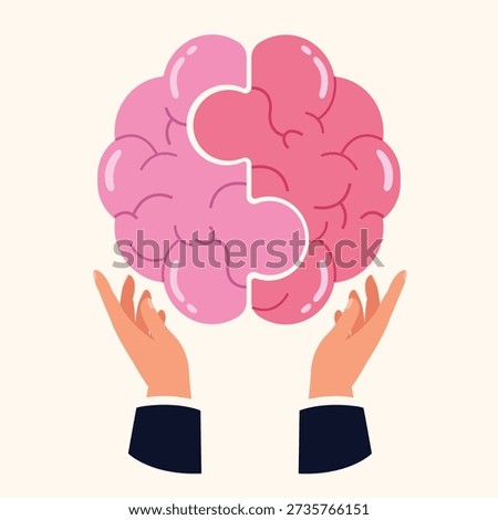 vector illustration of human hands holding a puzzle piece of brain concept.