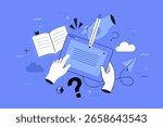 Vector illustration with Human hands interact with a tablet and book, symbolizing online education and digital learning. Concept of distant courses and school.