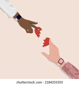 Ilustración vectorial del amor. La relación de dos amantes. Psicología de las relaciones. Amor no correspondido. Ver las manos de la gente. Ilustración plana.