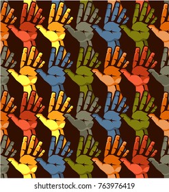 vector illustration human hands are stretched outward in the palm of the palm of different colors of different nationality concept