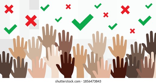 vector illustration of human hands and tick and cross yes or no symbols for making decision and choices