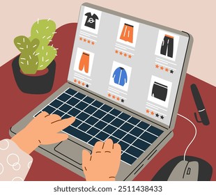 Vector illustration of human hands typing on a laptop. Online shopping concept with focus on choosing clothes. Flat style hands mockup for design use.