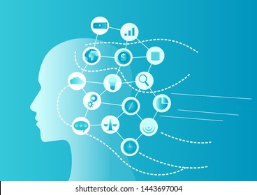 vector illustration of a human head abstract artificial intelligence. describe think out of the box, open mind, connection, system and brainstorming. business concept illustration