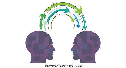 vector illustration of human head with arrows with supernatural mental connection for telepathy and knowledge exchange visuals