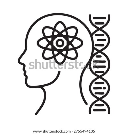 Vector illustration of a human head with an atom in the brain and DNA strand, symbolizing genetic engineering or scientific innovation.