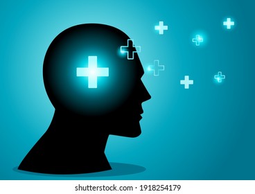 Vector illustration of human head attracting or spreading positive symbols. Positive mind