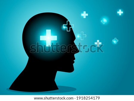 Vector illustration of human head attracting or spreading positive symbols. Positive mind