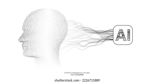 Vector illustration human head black dot particles and neural network wavy line isolated on white background in concept of A.I. artificial intelligence technology, machine learning, neuroscience