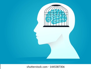 ilustración vectorial de una cabeza humana con cerebro en la jaula. describir mente confinada. ilustración de concepto de negocio