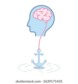 Vector illustration of human head with brain connected to an anchor, symbolizing inner calm, mental control, emotional stability. Conceptual artwork for mindfulness, psychology, and self-discipline.