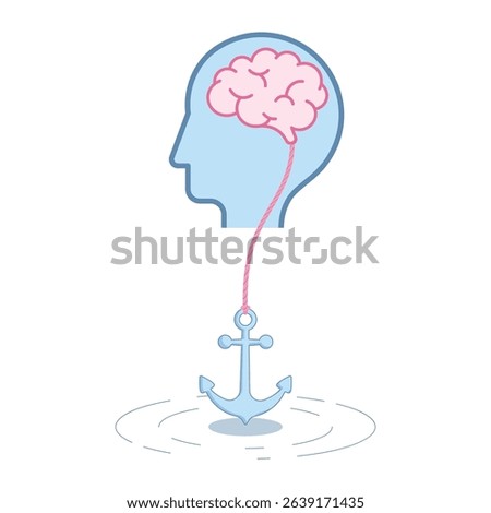 Vector illustration of human head with brain connected to an anchor, symbolizing inner calm, mental control, emotional stability. Conceptual artwork for mindfulness, psychology, and self-discipline.