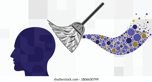 vector illustration of human head broom for old memories cleaning and healing toxic thoughts