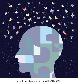 vector illustration of human head and butterflies for creative mind and big dreams concepts