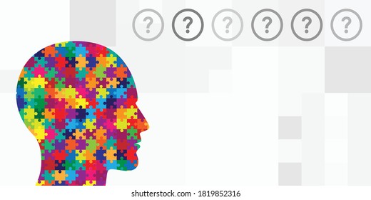 vector illustration of human head with colorful jigsaw puzzle for autistic disorder people problems