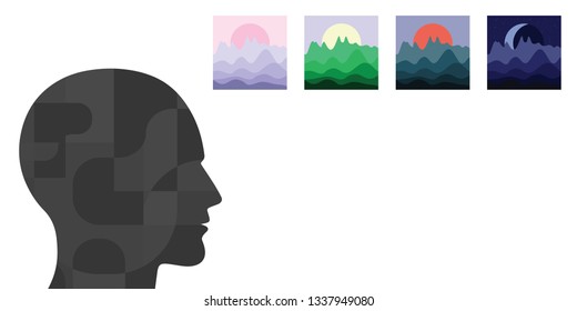 vector illustration of human head and different landscapes for flashbacks or memories visualization