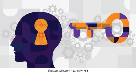 vector illustration of human head and empty keyhole and key with mechanism for thinking and solutions concepts