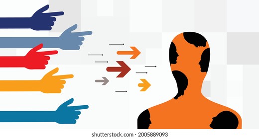 vector illustration of human head with faces inside and pointing hands for shaming or blaming concept