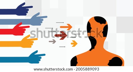 vector illustration of human head with faces inside and pointing hands for shaming or blaming concept