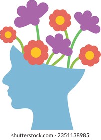 Vector illustration of a human head filled with flowers. Positive thoughts and personal growth.