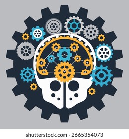 Ilustração vetorial de uma cabeça humana cheia de engrenagens e engrenagens coloridas, simbolizando inteligência artificial, tecnologia, inovação e processos cerebrais.