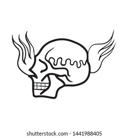 vector illustration of human head, graphic symbol of skull with flame, classic tattoo design