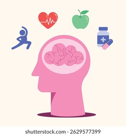 Ilustração vetorial da cabeça humana com coração, Bom tratamento de saúde e estilo de vida equilibrado.
