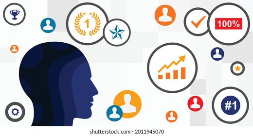 vector illustration of human head with inner voices and ranks for personal estimation and status